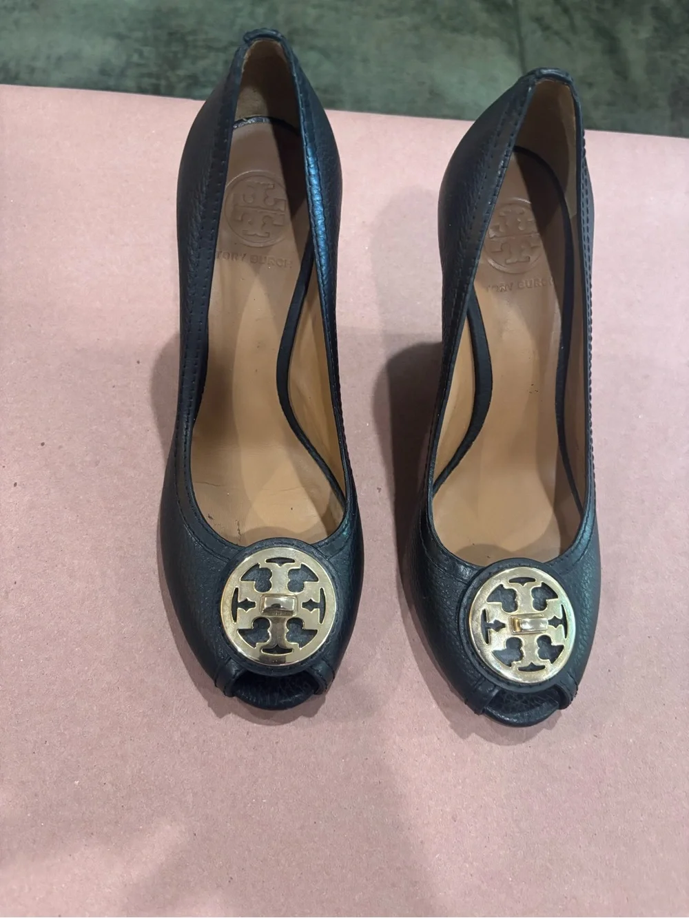Tory Burch Selma Peep Toe Wedges-Black Pebbled Leather-Gold Logo Medallion 8M